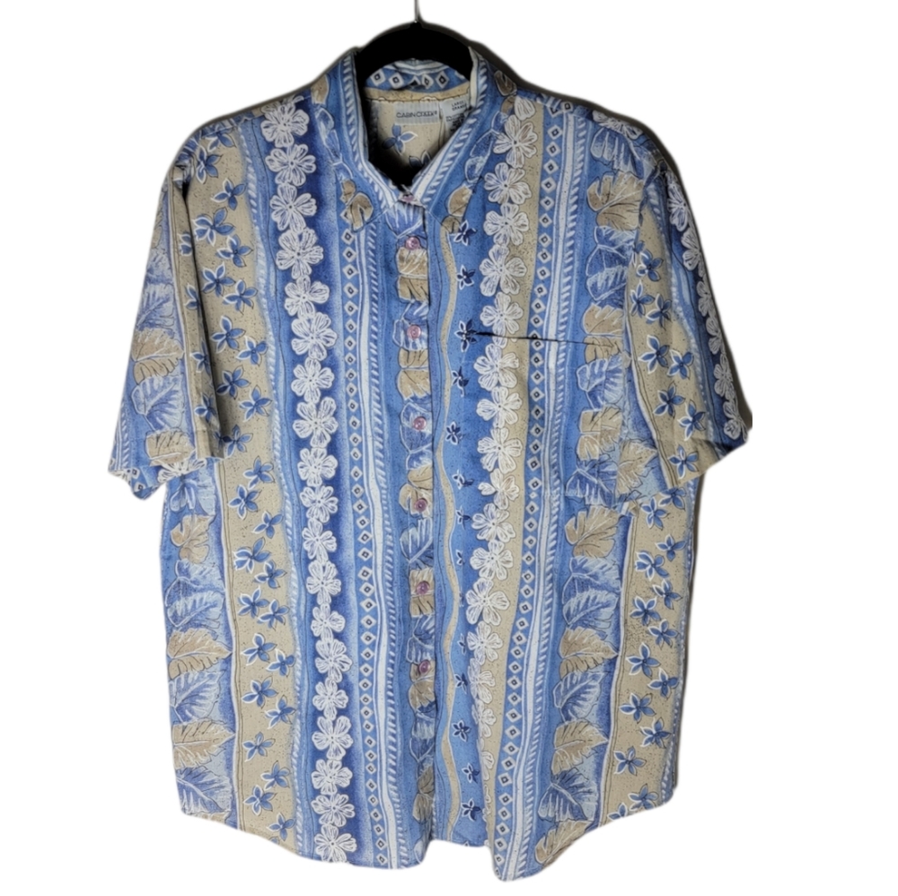 Cabin Creek men’s blue tan floral hawaiian button down shirt short sleeve large